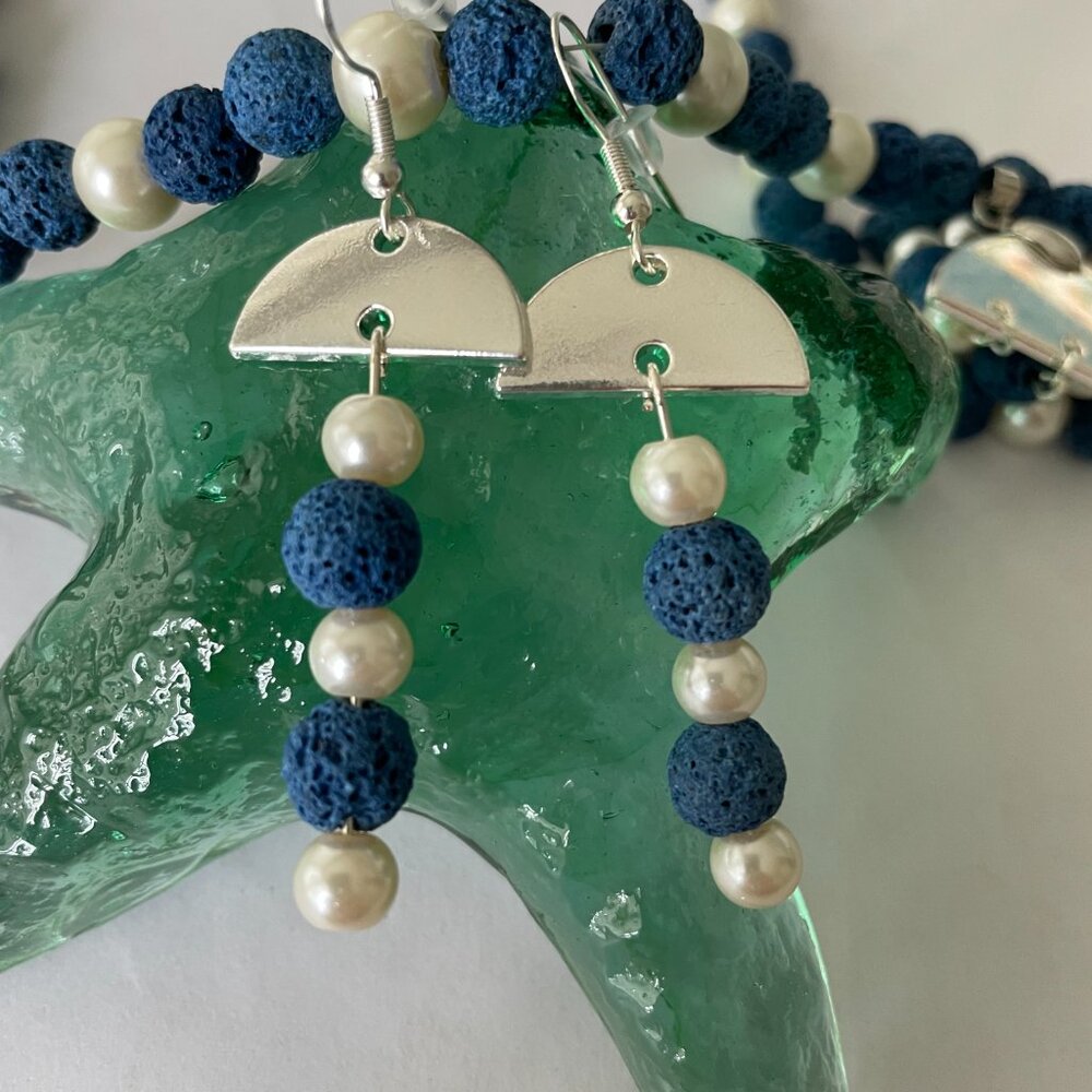 Blue Lava Stone and Glass Pearls Necklace and Pierced Earrings Set - Picture 5 of 5